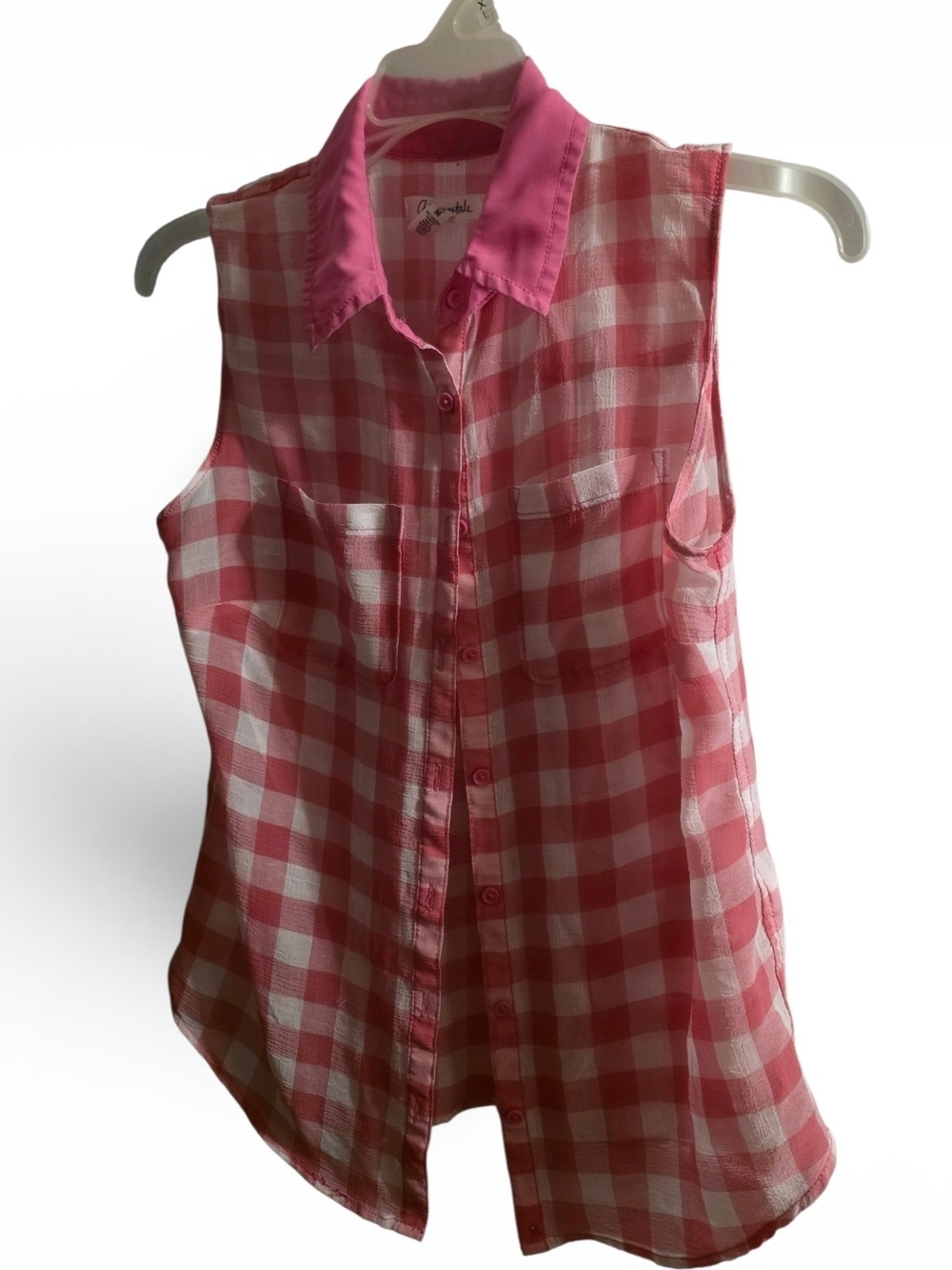 Pink Gingham Sleeveless Button-Up Shirt